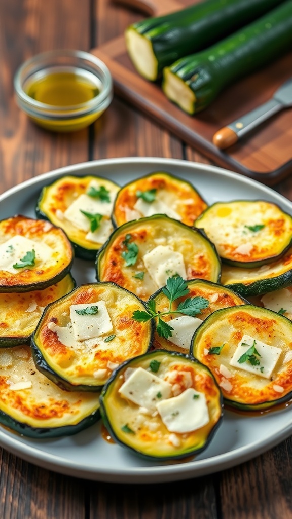 Baked zucchini rounds topped with cheese and parsley on a plate.